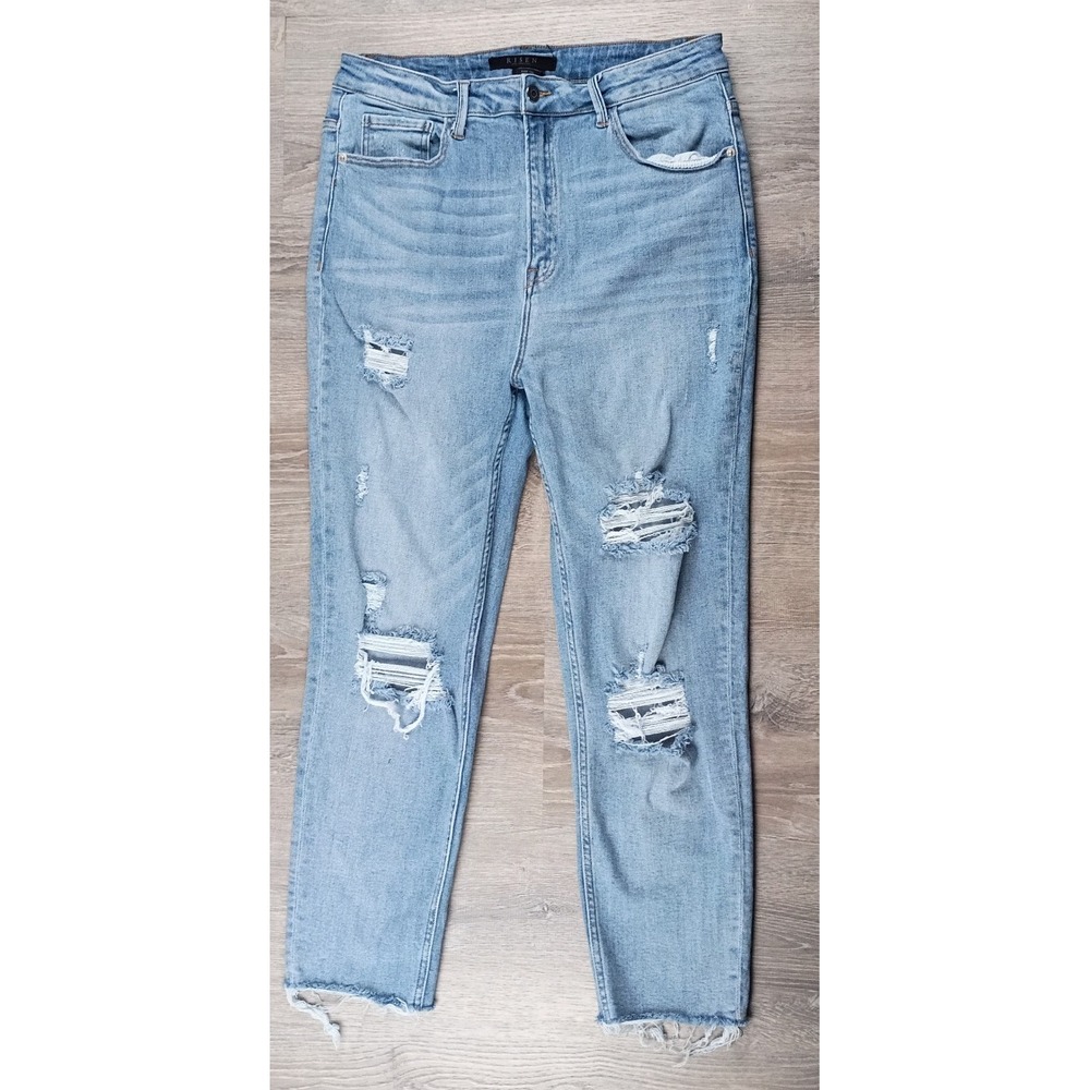 Womens Risen Blue Denim Distressed Skinny High Rise Jeans 1XL XRDP1273 Raw Hem